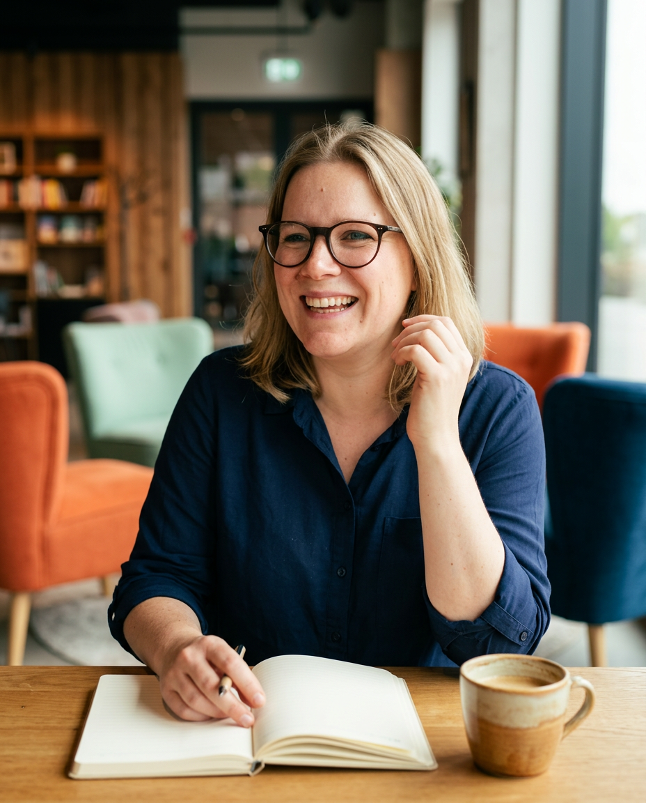 Justina Mauritz sitzt lachend mit Notizbuch und Kaffee an einem Holztisch